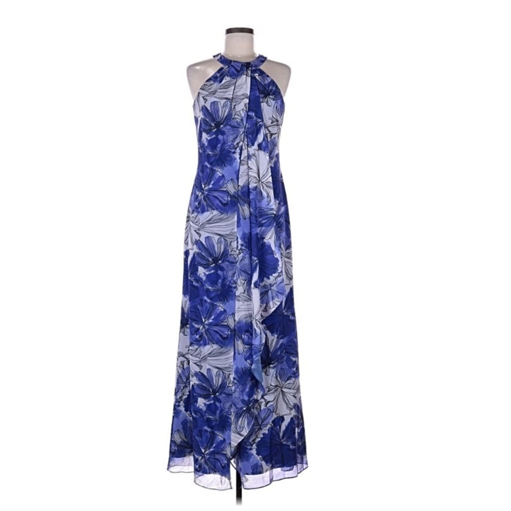 Mark & James Badgley Mischka Maxi Dress Womens 2 Blue Floral Halter Pleat Formal